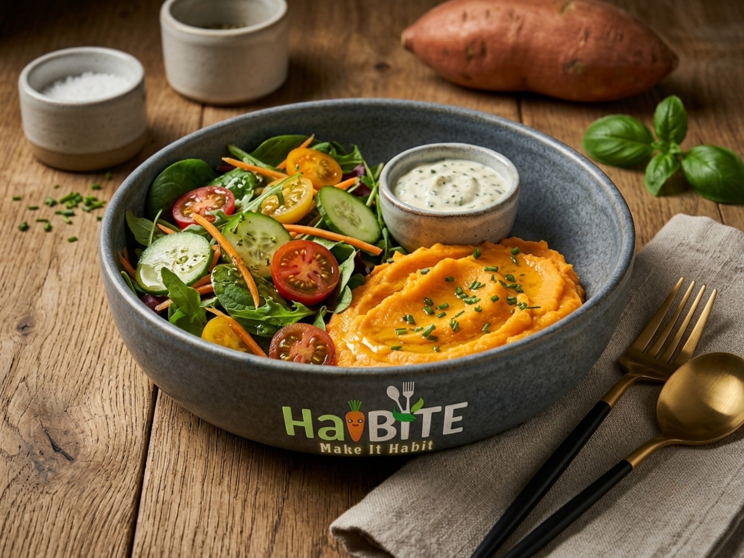 Mashed Sweet Potato & Habite Signature Dip Salad